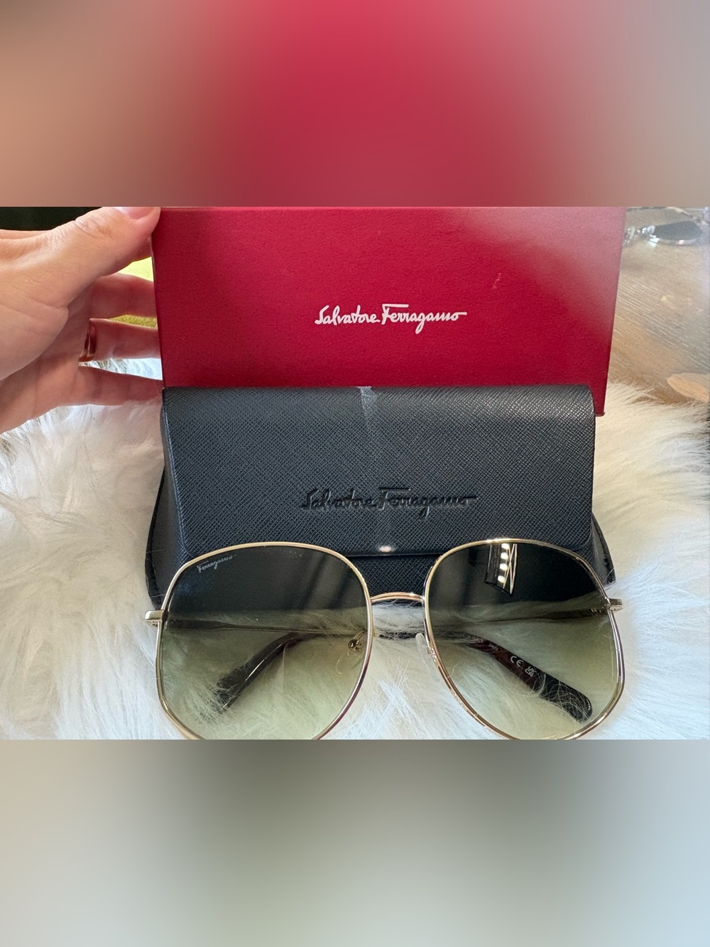 Salvatore Ferragamo Gold Metal Frame Sunglasses with Green Gradient Lenses